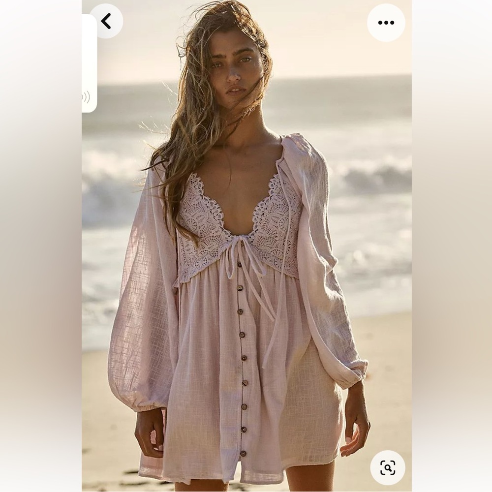 Free People Summer Struttin Crochet set Puff Sleeve Cute Mini Dress